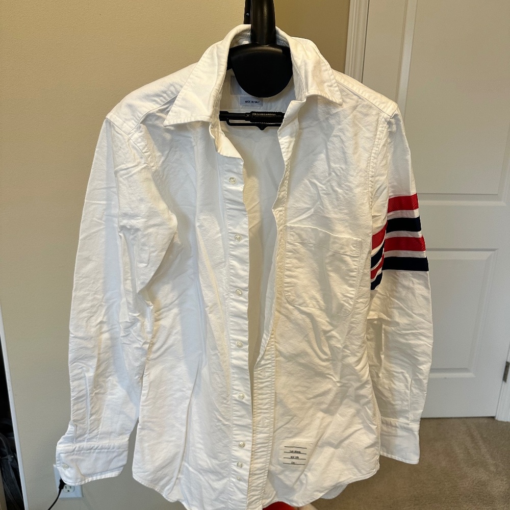 Thom Browne White Oxford Button-Down Shirt with Red Navy Stripe Sleeve Size 1